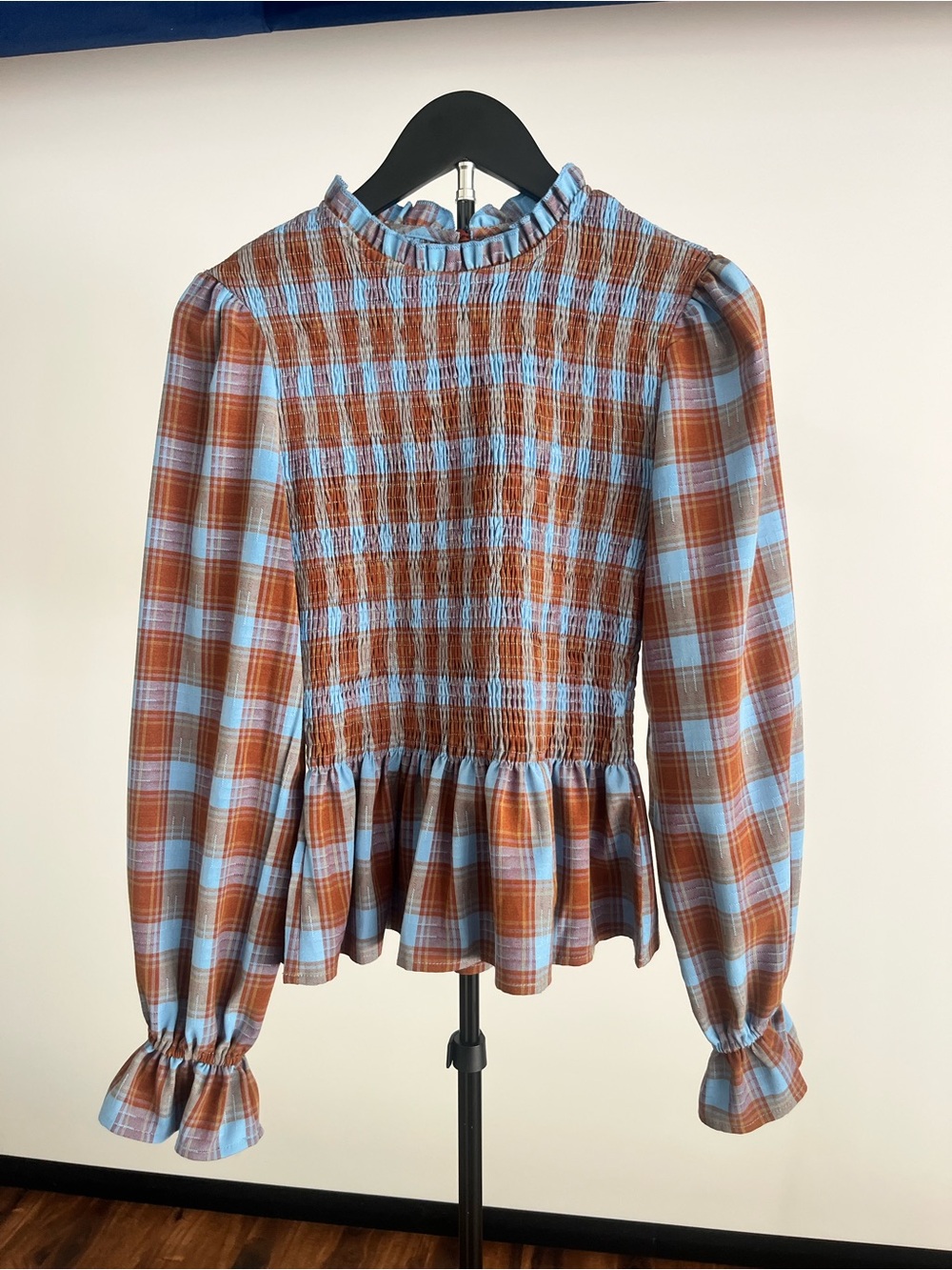 Woven Plaid Smocked Peplum Top - Blue & Brown